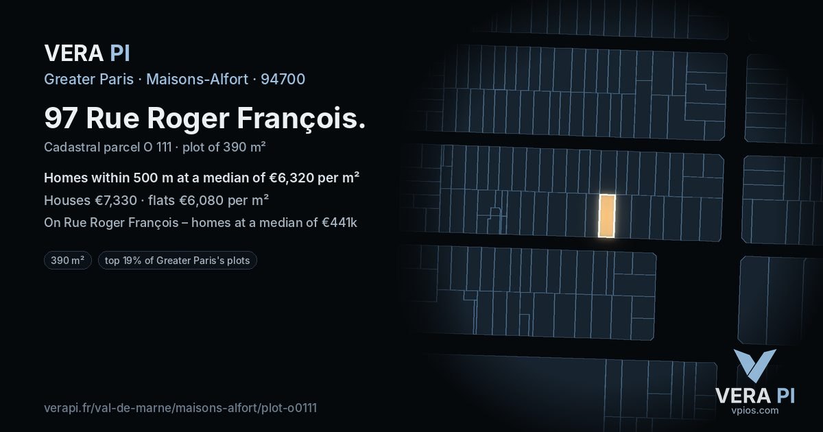 97 Rue Roger François, Maisons-Alfort at night – the plot lit, the parcels around coloured by the prices near them
