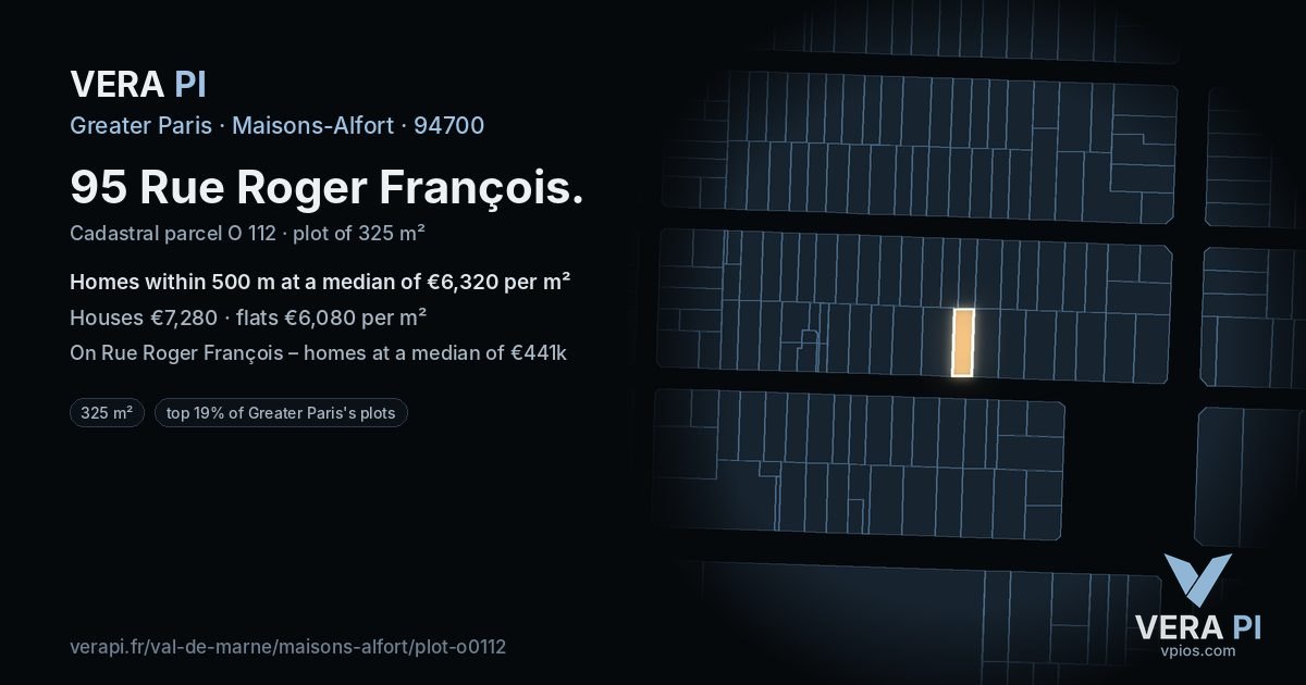 95 Rue Roger François, Maisons-Alfort at night – the plot lit, the parcels around coloured by the prices near them