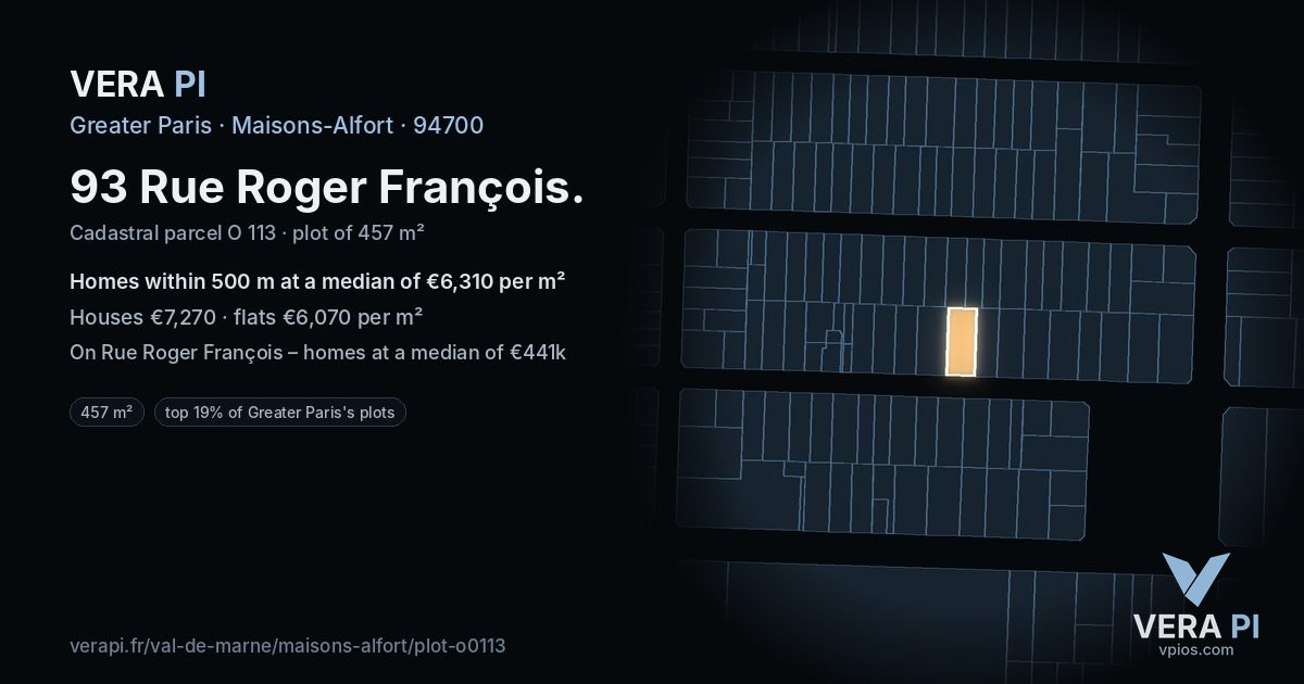 93 Rue Roger François, Maisons-Alfort at night – the plot lit, the parcels around coloured by the prices near them