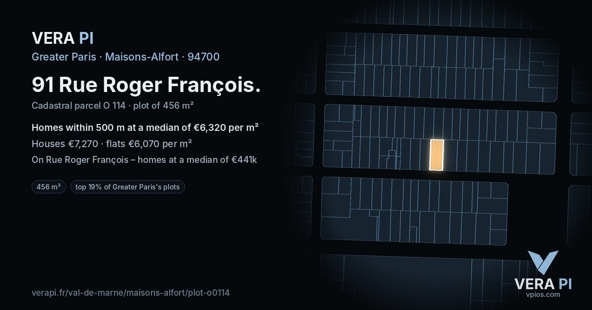 91 Rue Roger François, Maisons-Alfort at night – the plot lit, the parcels around coloured by the prices near them