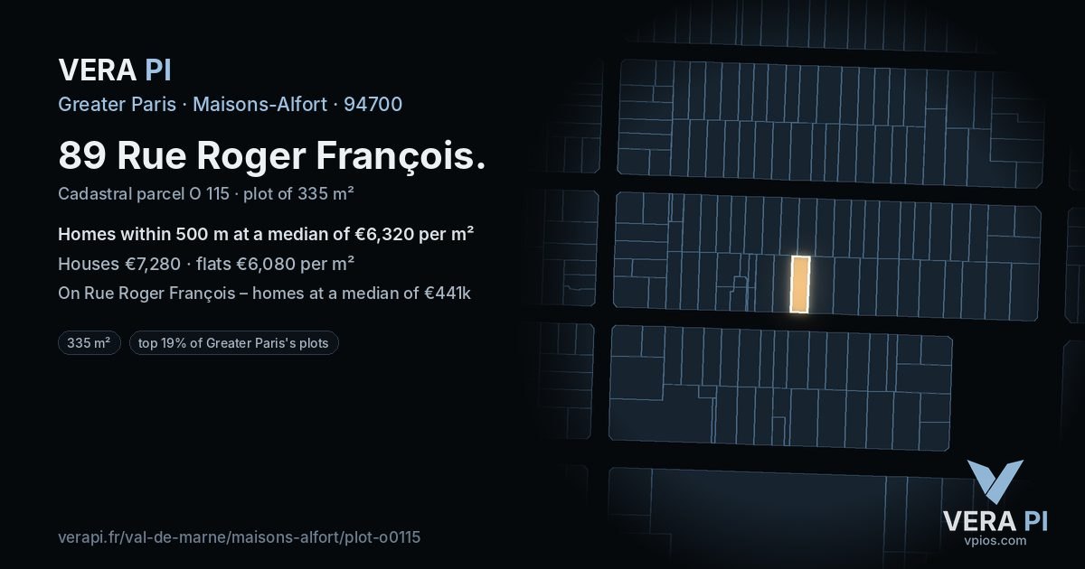 89 Rue Roger François, Maisons-Alfort at night – the plot lit, the parcels around coloured by the prices near them