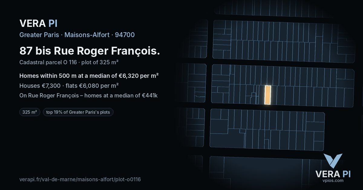 87 bis Rue Roger François, Maisons-Alfort at night – the plot lit, the parcels around coloured by the prices near them