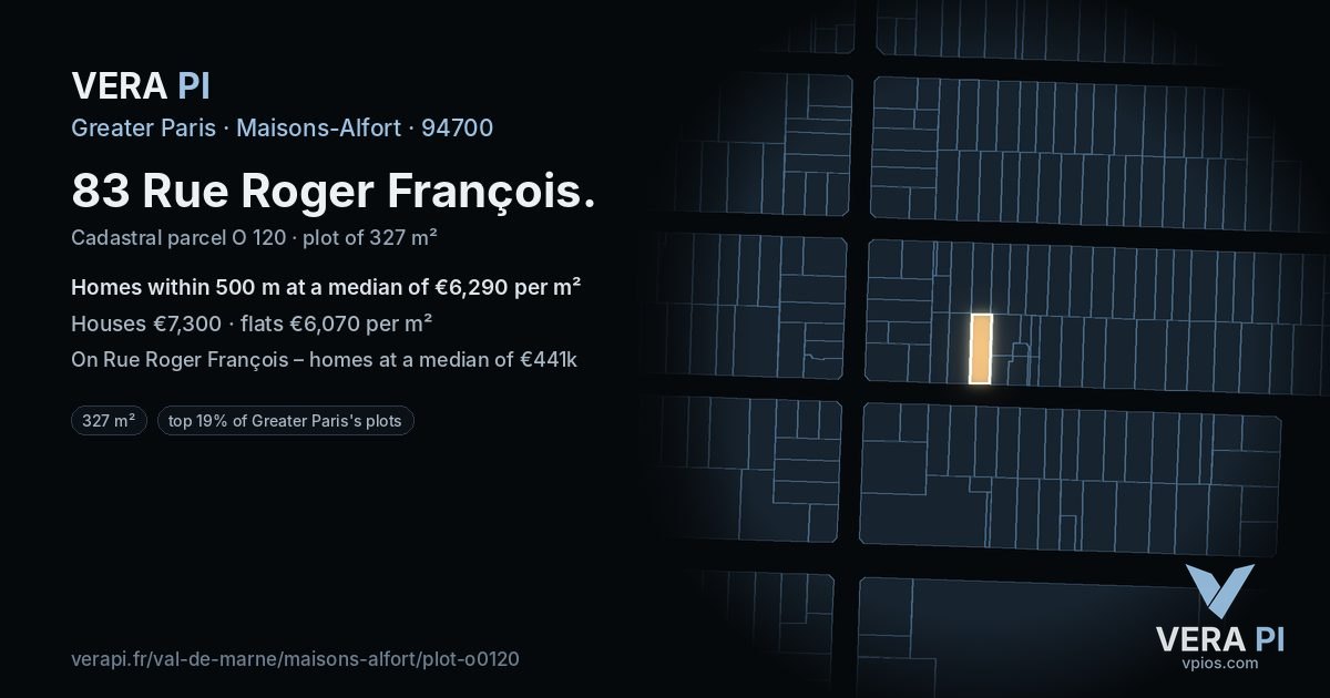 83 Rue Roger François, Maisons-Alfort at night – the plot lit, the parcels around coloured by the prices near them