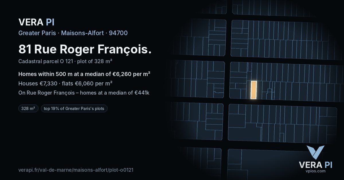 81 Rue Roger François, Maisons-Alfort at night – the plot lit, the parcels around coloured by the prices near them