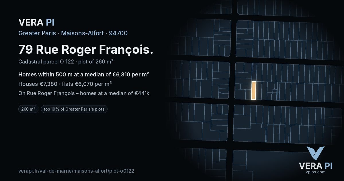 79 Rue Roger François, Maisons-Alfort at night – the plot lit, the parcels around coloured by the prices near them