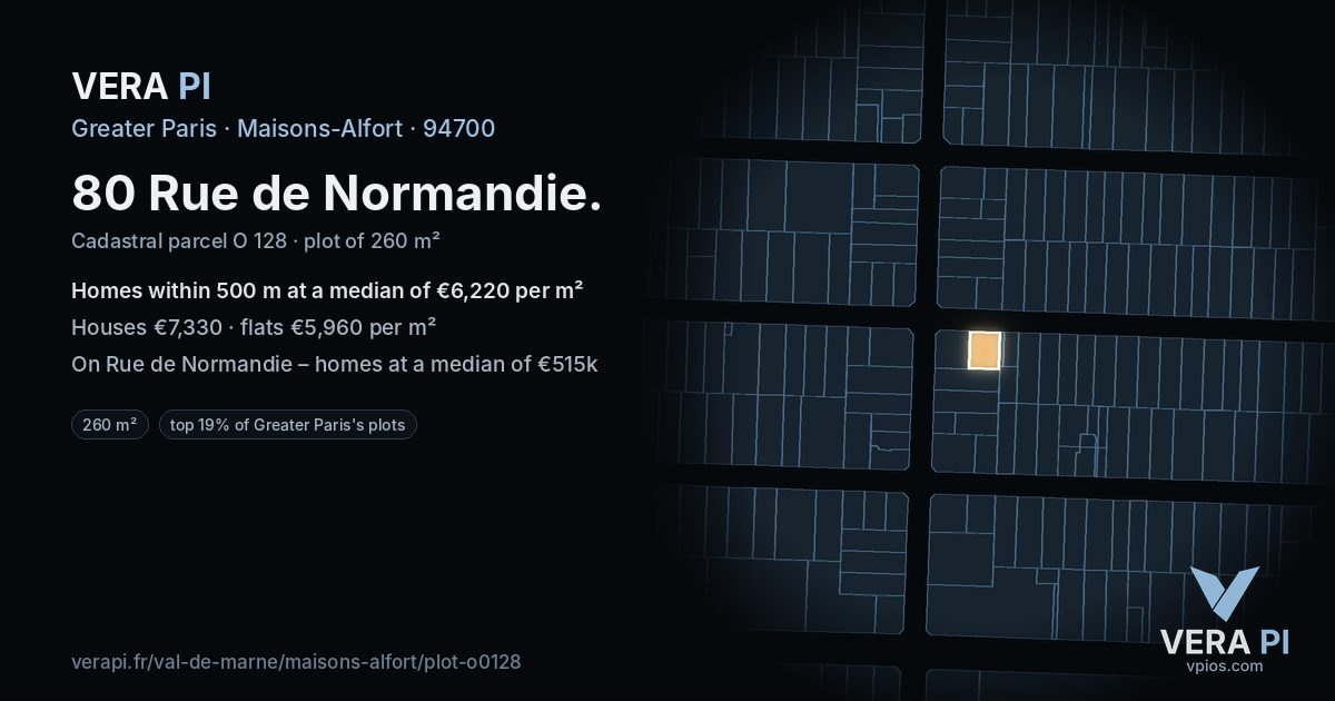 80 Rue de Normandie, Maisons-Alfort at night – the plot lit, the parcels around coloured by the prices near them