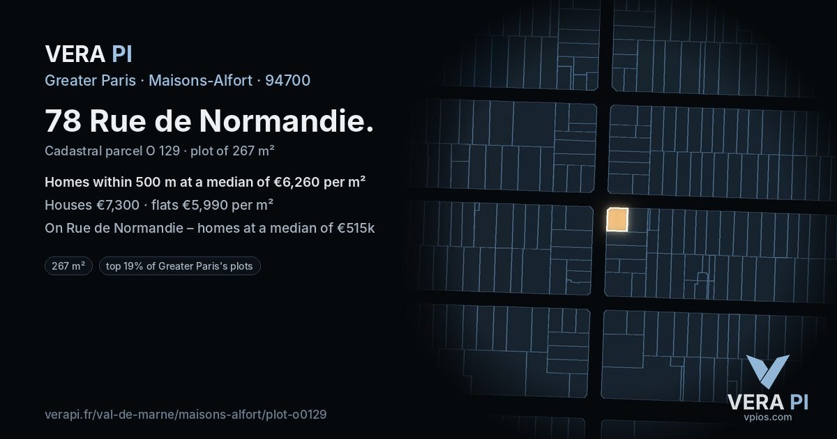 78 Rue de Normandie, Maisons-Alfort at night – the plot lit, the parcels around coloured by the prices near them