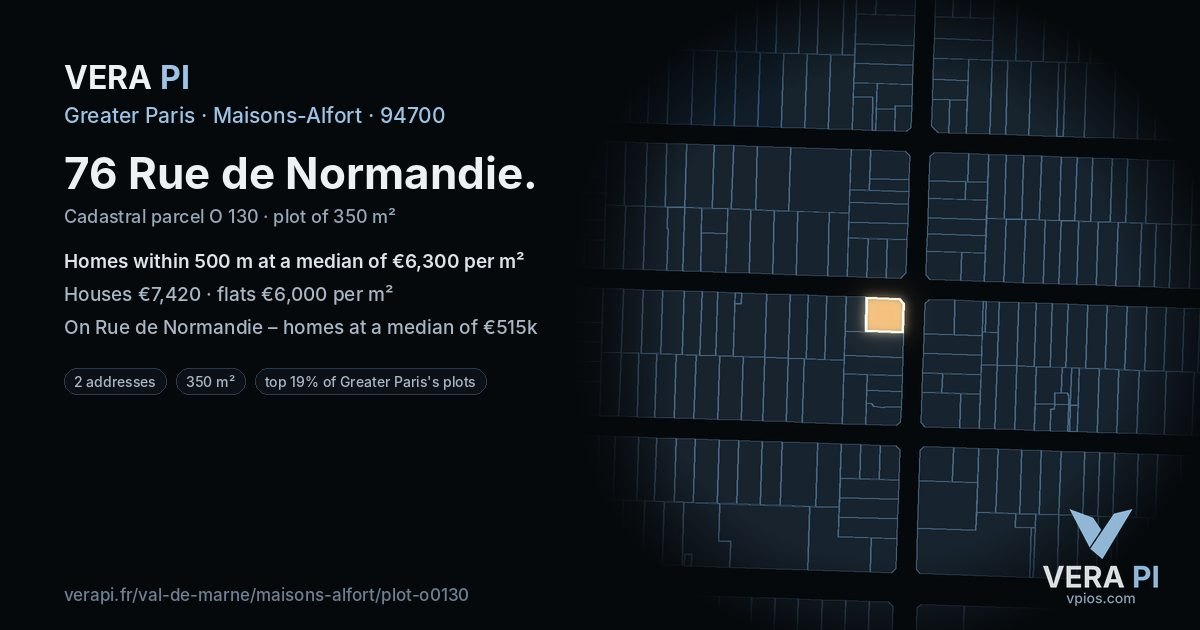 76 Rue de Normandie, Maisons-Alfort at night – the plot lit, the parcels around coloured by the prices near them
