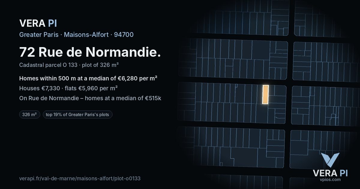 72 Rue de Normandie, Maisons-Alfort at night – the plot lit, the parcels around coloured by the prices near them