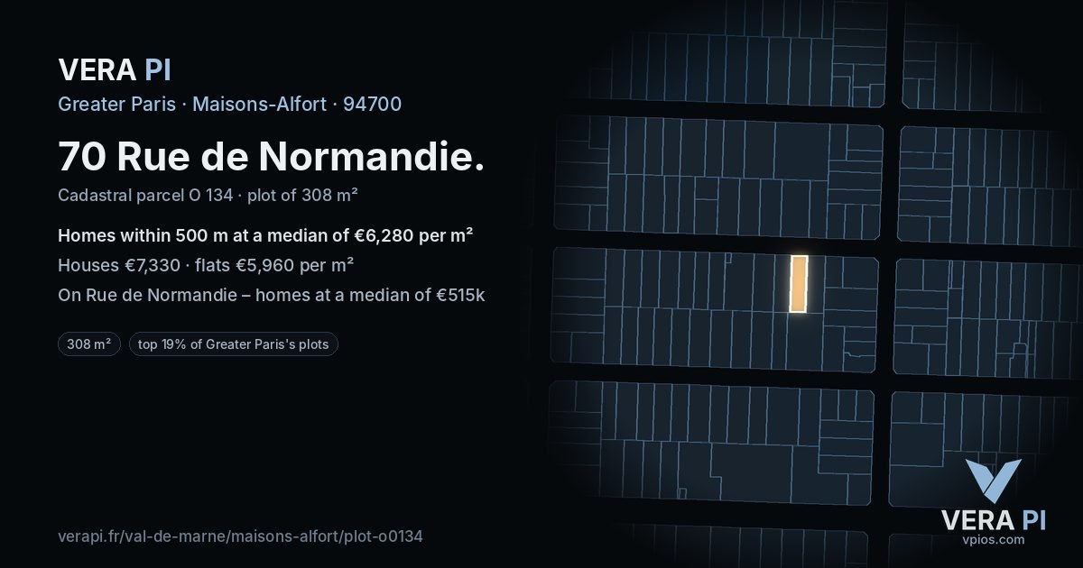 70 Rue de Normandie, Maisons-Alfort at night – the plot lit, the parcels around coloured by the prices near them