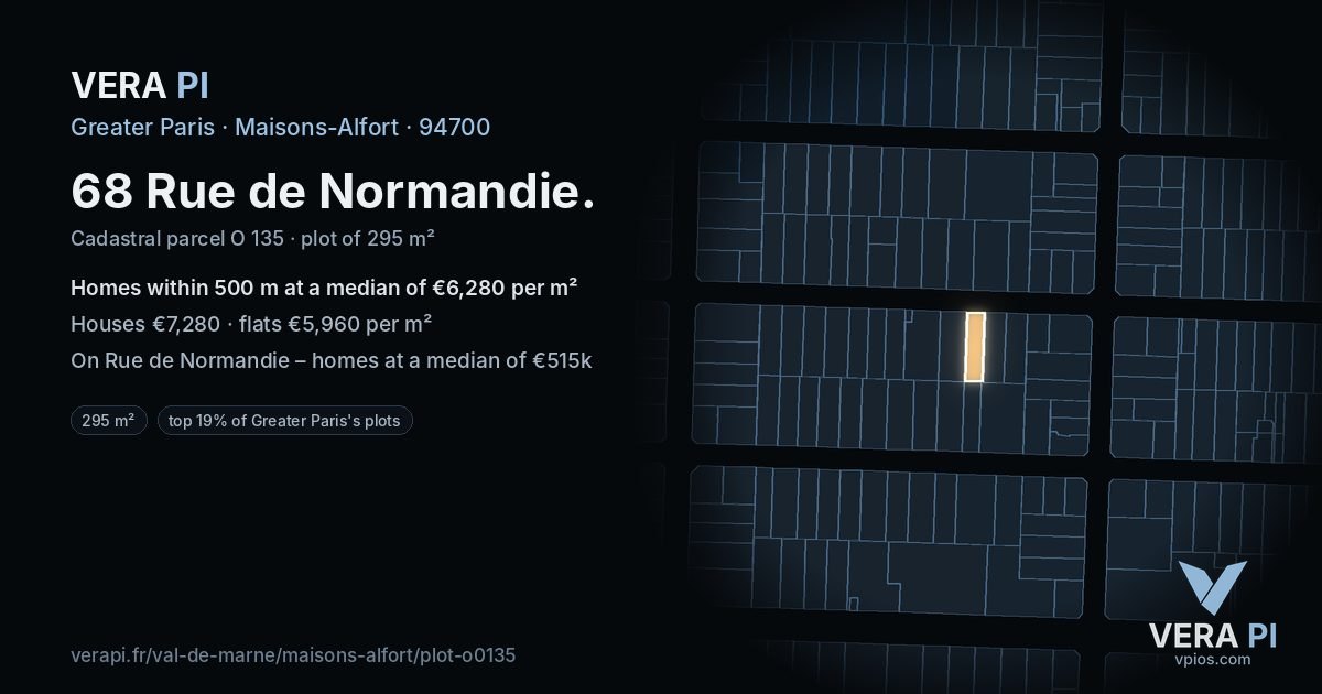 68 Rue de Normandie, Maisons-Alfort at night – the plot lit, the parcels around coloured by the prices near them