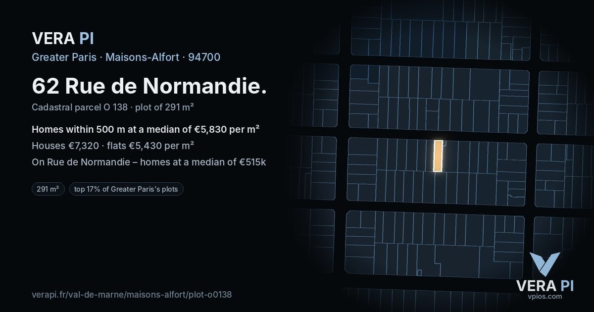 62 Rue de Normandie, Maisons-Alfort at night – the plot lit, the parcels around coloured by the prices near them