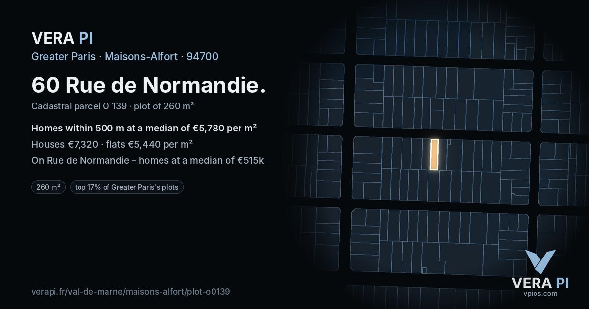 60 Rue de Normandie, Maisons-Alfort at night – the plot lit, the parcels around coloured by the prices near them
