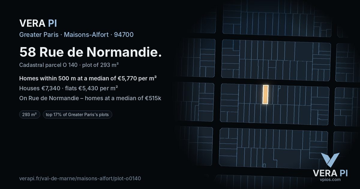58 Rue de Normandie, Maisons-Alfort at night – the plot lit, the parcels around coloured by the prices near them