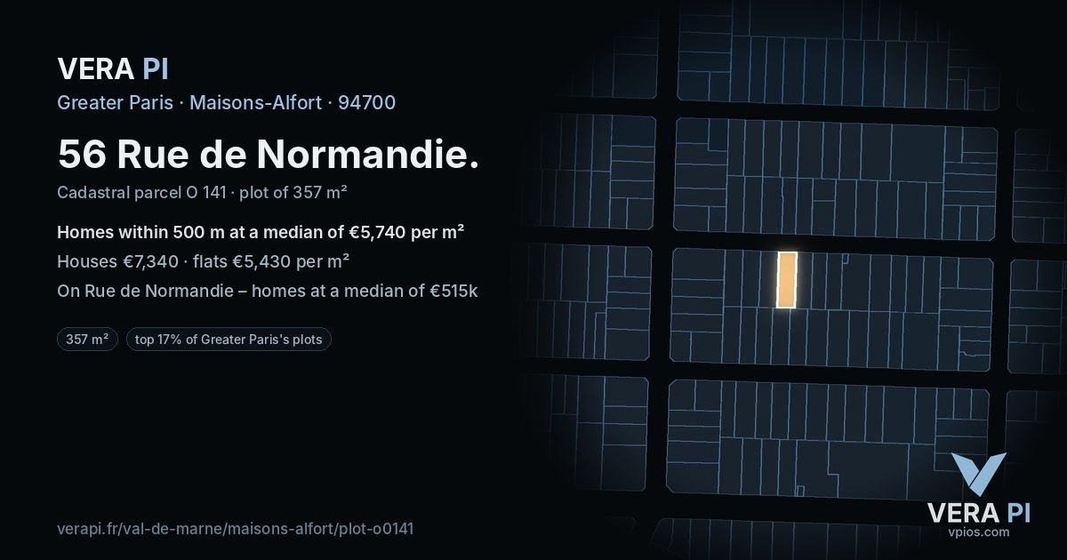56 Rue de Normandie, Maisons-Alfort at night – the plot lit, the parcels around coloured by the prices near them