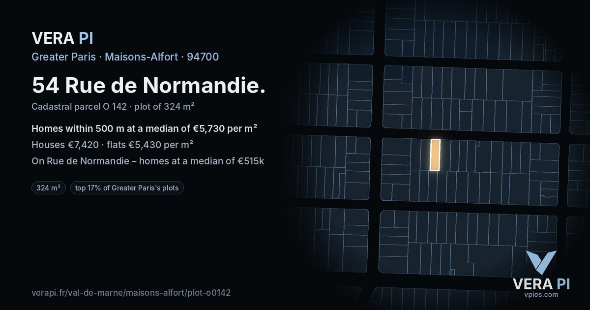 54 Rue de Normandie, Maisons-Alfort at night – the plot lit, the parcels around coloured by the prices near them