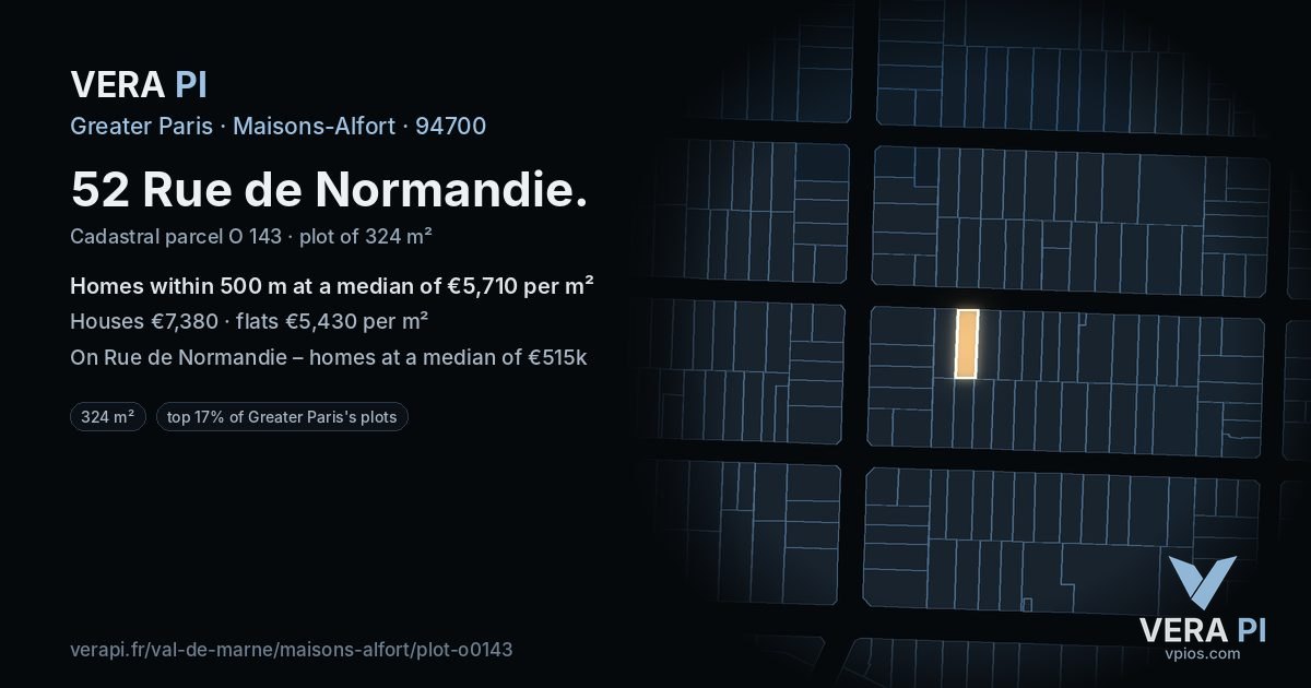 52 Rue de Normandie, Maisons-Alfort at night – the plot lit, the parcels around coloured by the prices near them