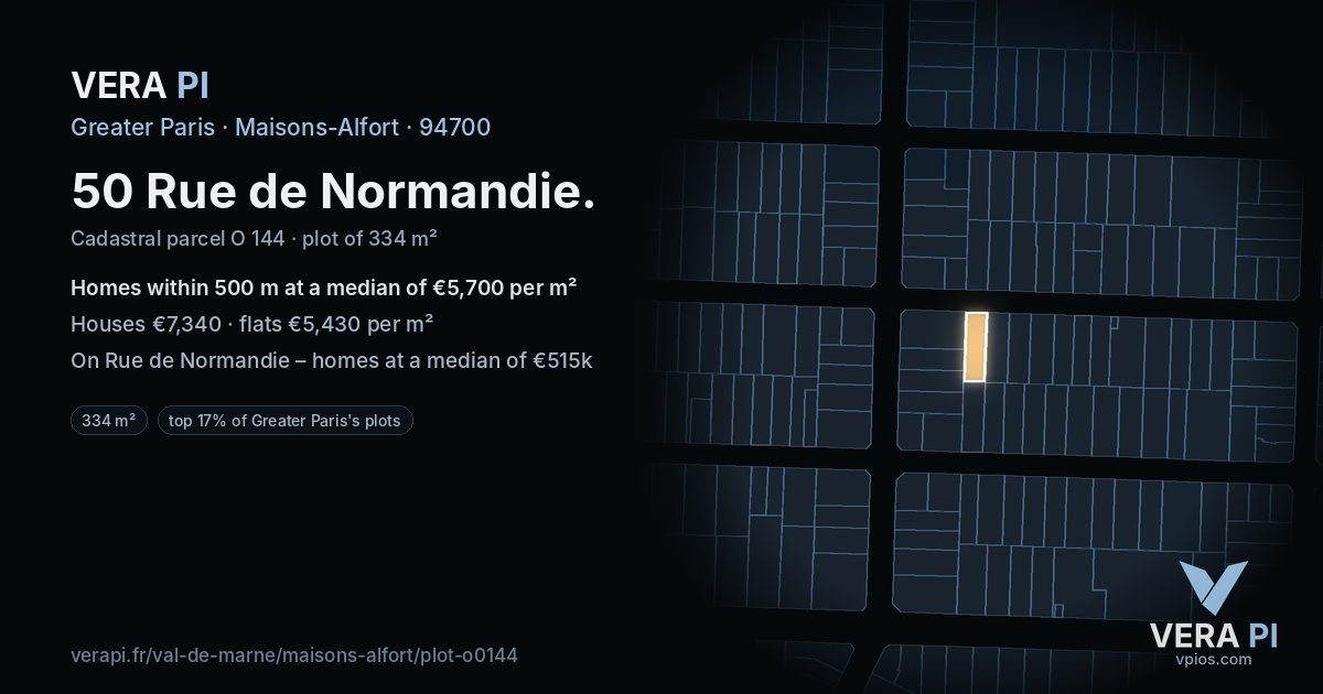 50 Rue de Normandie, Maisons-Alfort at night – the plot lit, the parcels around coloured by the prices near them