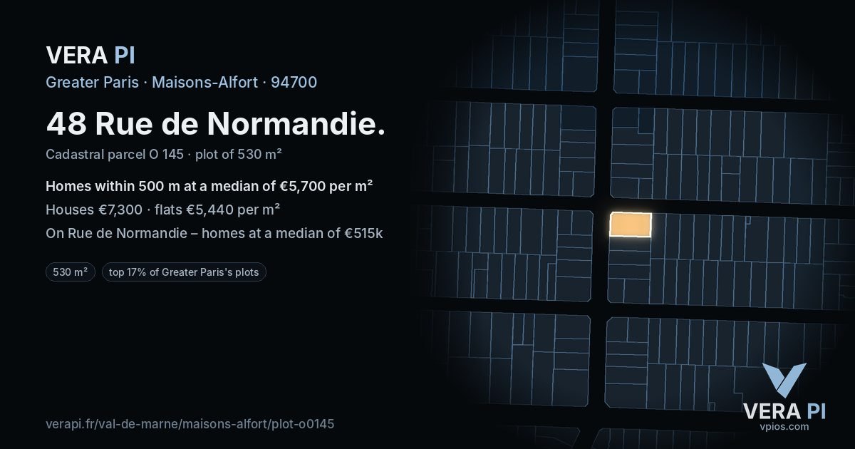 48 Rue de Normandie, Maisons-Alfort at night – the plot lit, the parcels around coloured by the prices near them