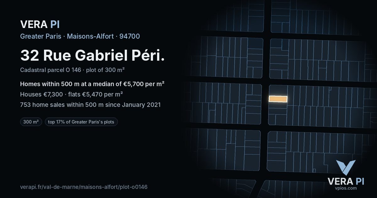 32 Rue Gabriel Péri, Maisons-Alfort at night – the plot lit, the parcels around coloured by the prices near them