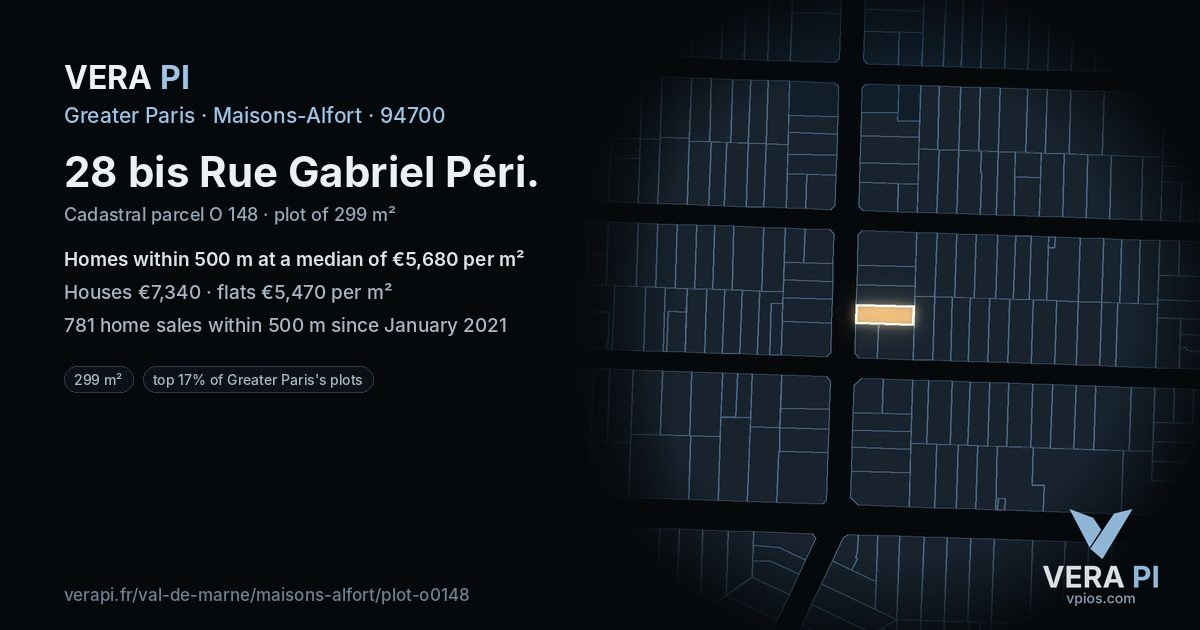 28 bis Rue Gabriel Péri, Maisons-Alfort at night – the plot lit, the parcels around coloured by the prices near them