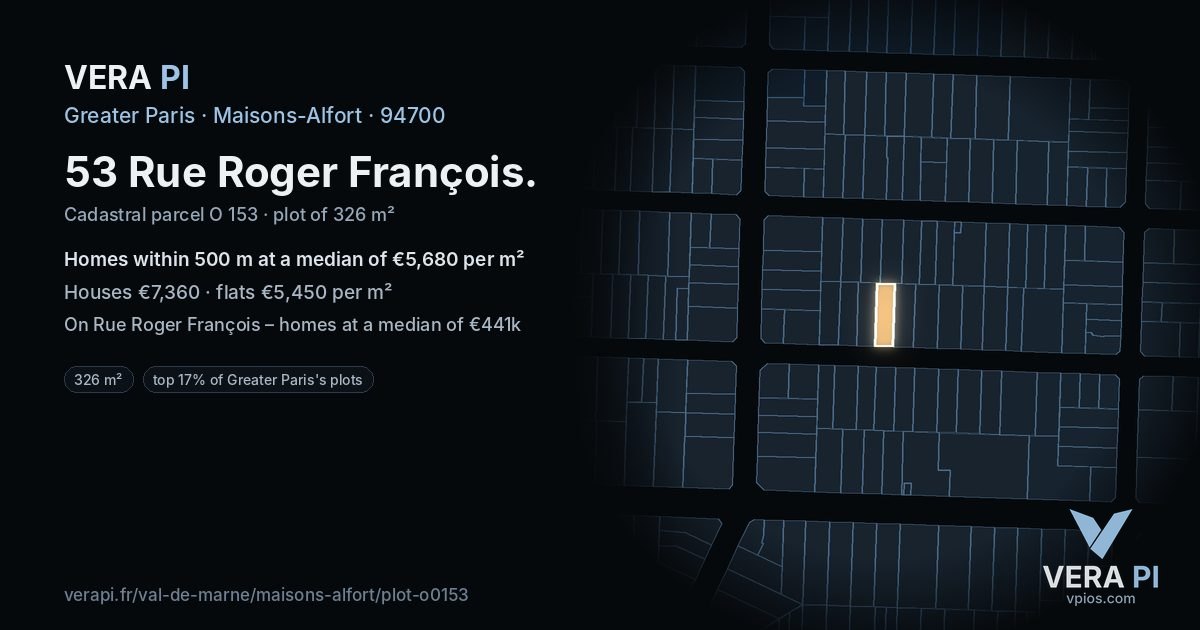 53 Rue Roger François, Maisons-Alfort at night – the plot lit, the parcels around coloured by the prices near them