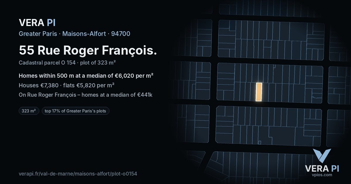 55 Rue Roger François, Maisons-Alfort at night – the plot lit, the parcels around coloured by the prices near them