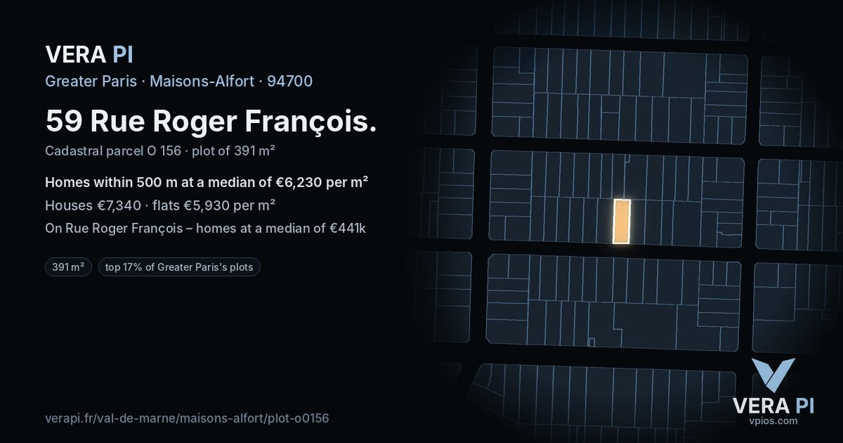 59 Rue Roger François, Maisons-Alfort at night – the plot lit, the parcels around coloured by the prices near them