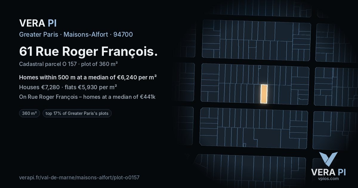 61 Rue Roger François, Maisons-Alfort at night – the plot lit, the parcels around coloured by the prices near them