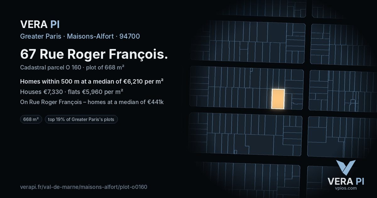 67 Rue Roger François, Maisons-Alfort at night – the plot lit, the parcels around coloured by the prices near them