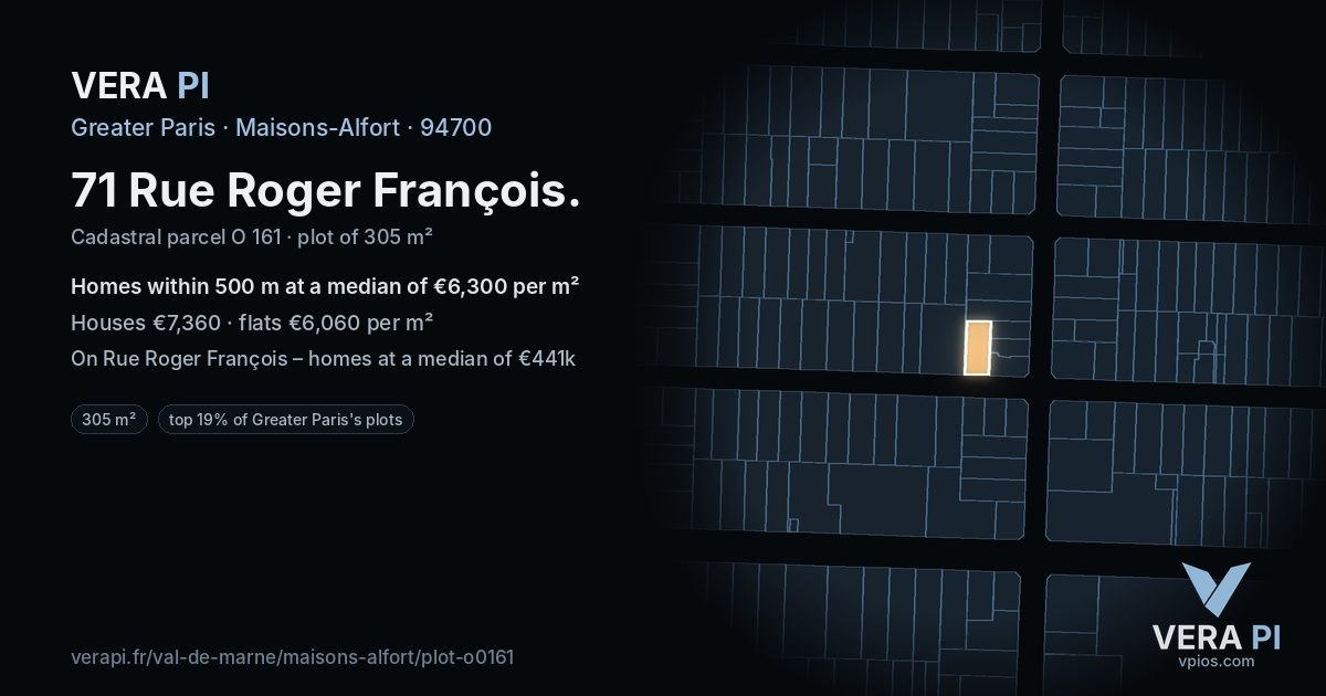 71 Rue Roger François, Maisons-Alfort at night – the plot lit, the parcels around coloured by the prices near them