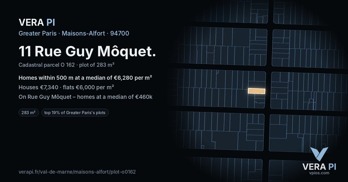 11 Rue Guy Môquet, Maisons-Alfort at night – the plot lit, the parcels around coloured by the prices near them
