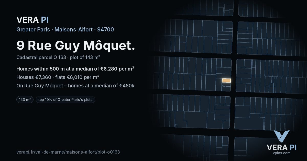 9 Rue Guy Môquet, Maisons-Alfort at night – the plot lit, the parcels around coloured by the prices near them