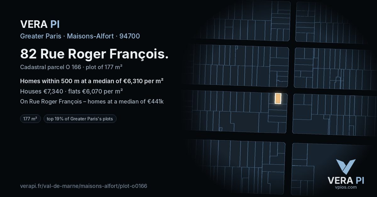 82 Rue Roger François, Maisons-Alfort at night – the plot lit, the parcels around coloured by the prices near them