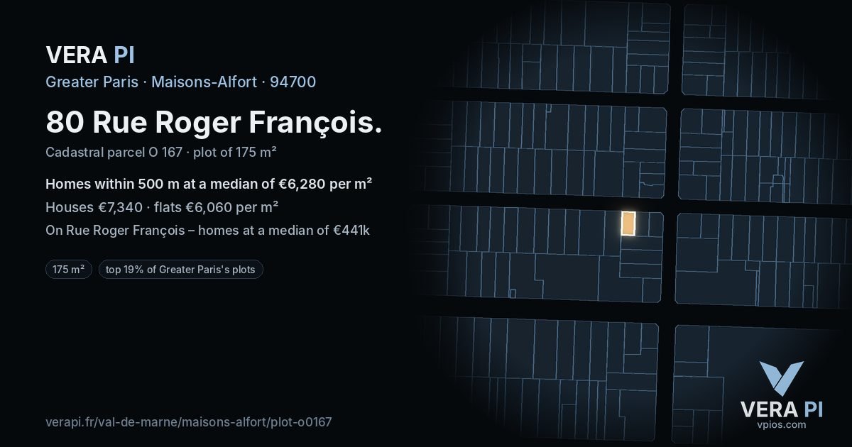 80 Rue Roger François, Maisons-Alfort at night – the plot lit, the parcels around coloured by the prices near them