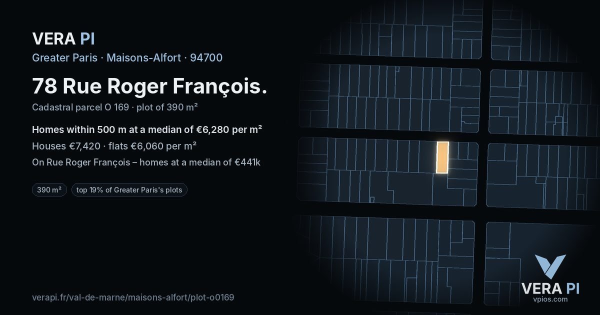 78 Rue Roger François, Maisons-Alfort at night – the plot lit, the parcels around coloured by the prices near them