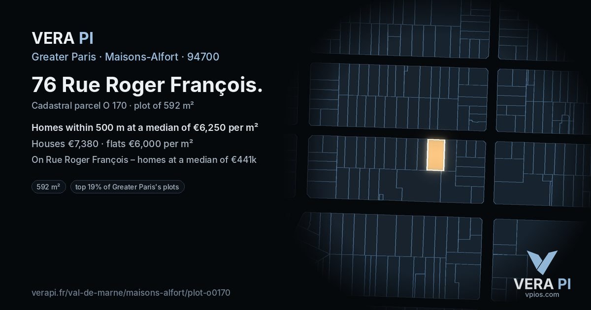 76 Rue Roger François, Maisons-Alfort at night – the plot lit, the parcels around coloured by the prices near them