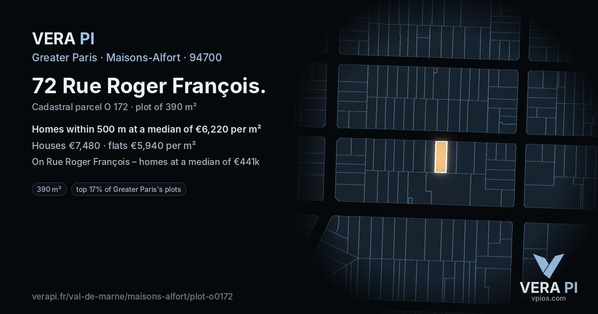 72 Rue Roger François, Maisons-Alfort at night – the plot lit, the parcels around coloured by the prices near them