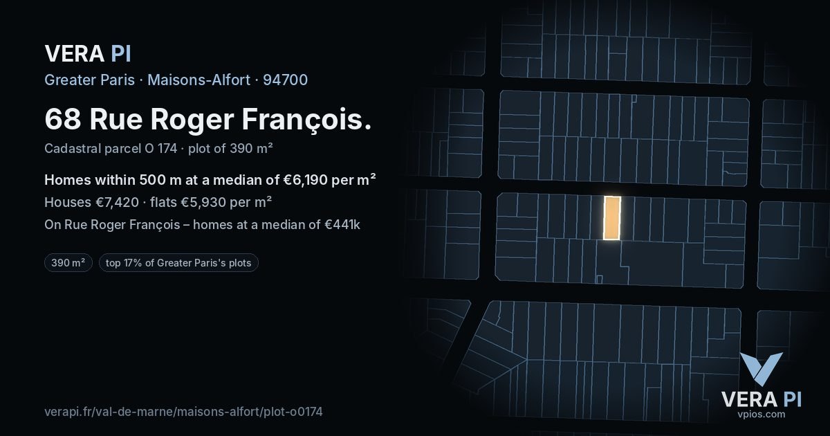 68 Rue Roger François, Maisons-Alfort at night – the plot lit, the parcels around coloured by the prices near them