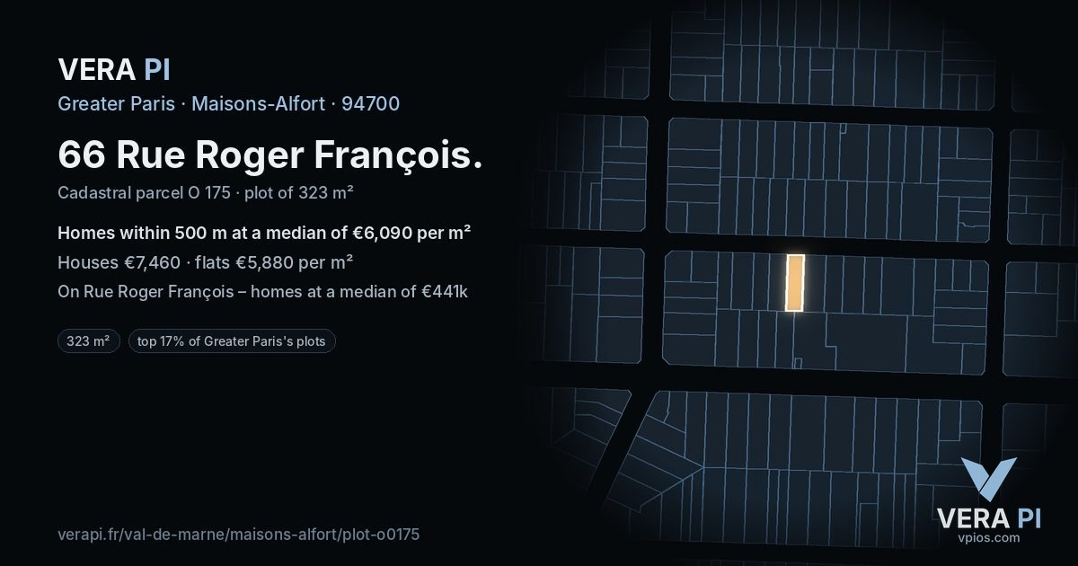 66 Rue Roger François, Maisons-Alfort at night – the plot lit, the parcels around coloured by the prices near them
