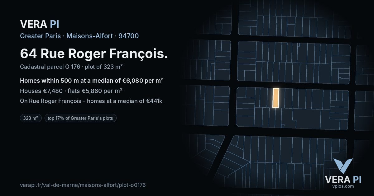 64 Rue Roger François, Maisons-Alfort at night – the plot lit, the parcels around coloured by the prices near them