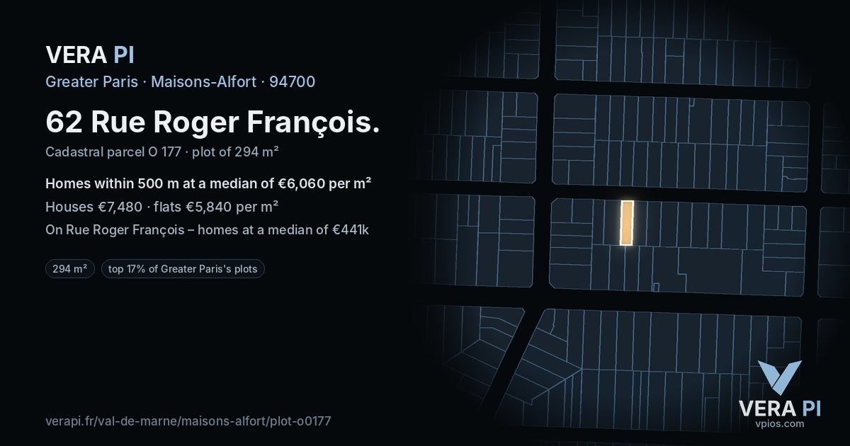62 Rue Roger François, Maisons-Alfort at night – the plot lit, the parcels around coloured by the prices near them