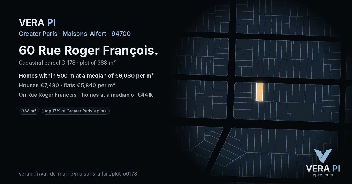 60 Rue Roger François, Maisons-Alfort at night – the plot lit, the parcels around coloured by the prices near them
