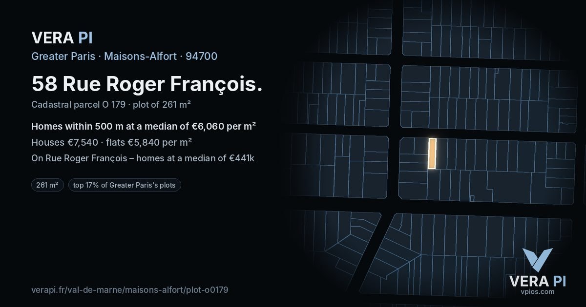 58 Rue Roger François, Maisons-Alfort at night – the plot lit, the parcels around coloured by the prices near them
