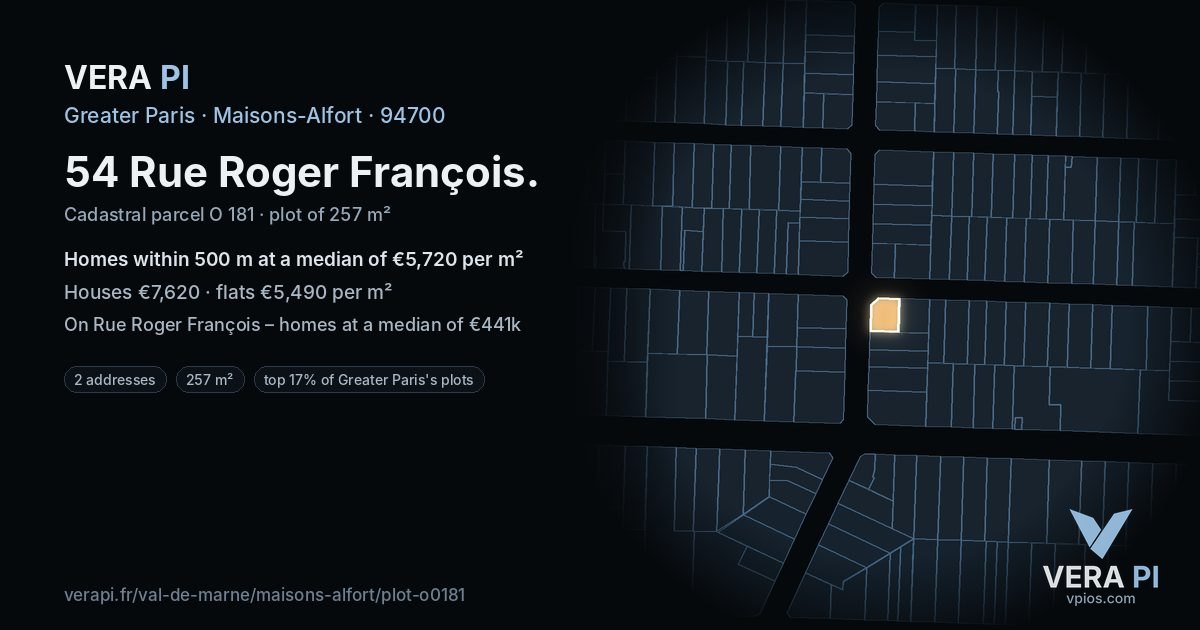 54 Rue Roger François, Maisons-Alfort at night – the plot lit, the parcels around coloured by the prices near them