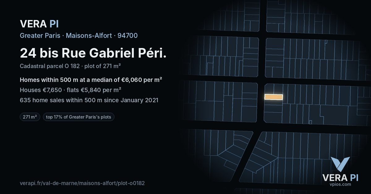 24 bis Rue Gabriel Péri, Maisons-Alfort at night – the plot lit, the parcels around coloured by the prices near them
