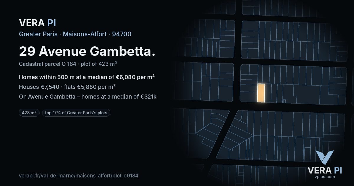 29 Avenue Gambetta, Maisons-Alfort at night – the plot lit, the parcels around coloured by the prices near them