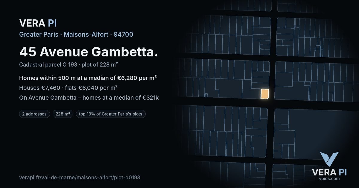 45 Avenue Gambetta, Maisons-Alfort at night – the plot lit, the parcels around coloured by the prices near them