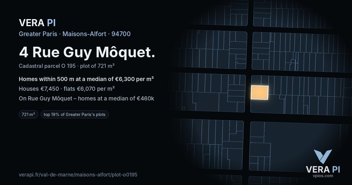 4 Rue Guy Môquet, Maisons-Alfort at night – the plot lit, the parcels around coloured by the prices near them