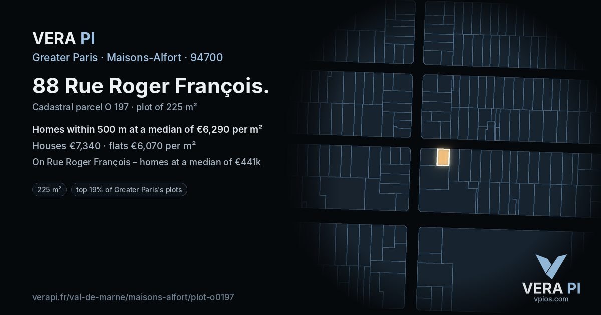88 Rue Roger François, Maisons-Alfort at night – the plot lit, the parcels around coloured by the prices near them